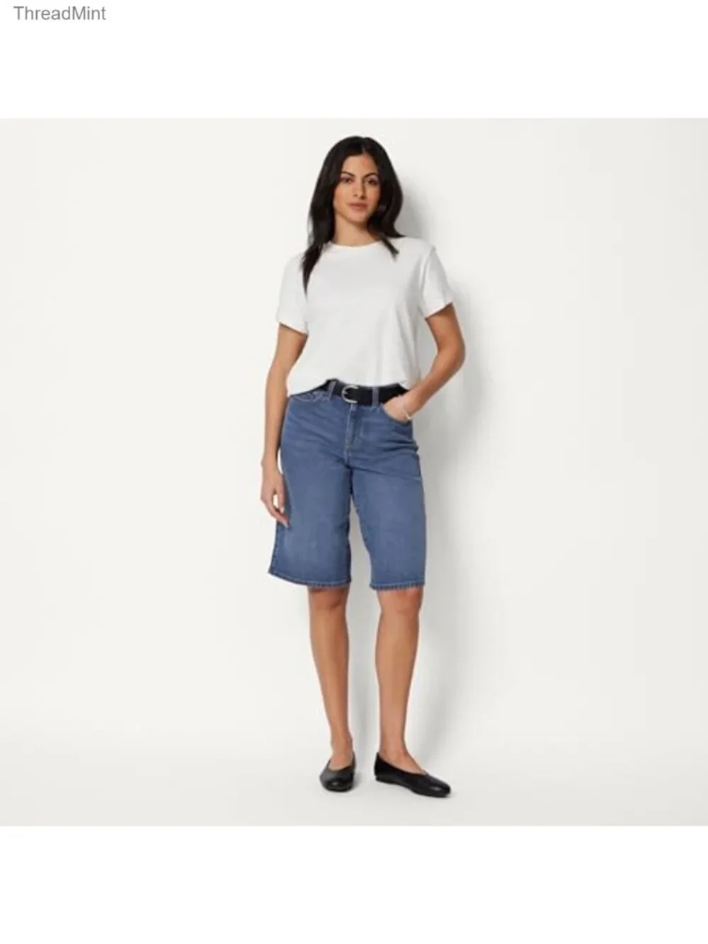 Women's Mid-Rise Relaxed Fit Long Jean Shorts Bermuda Denim 5-Pocket Stretch